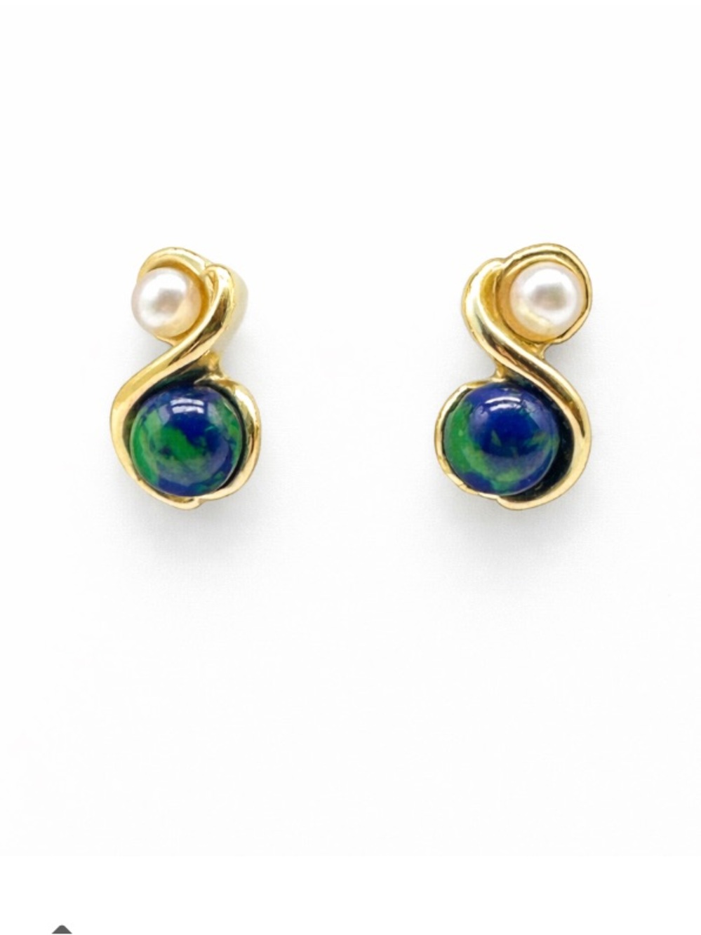 Vintage Gold-tone Earrings Faux Pearl & Green Blue Sphere Pierced Elegant